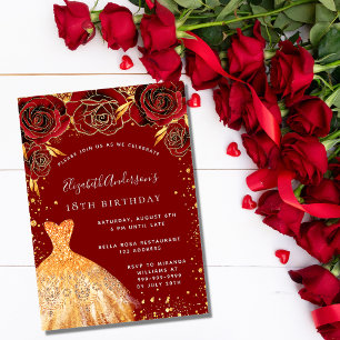 Birthday red gold glitter dress glamourous invitation