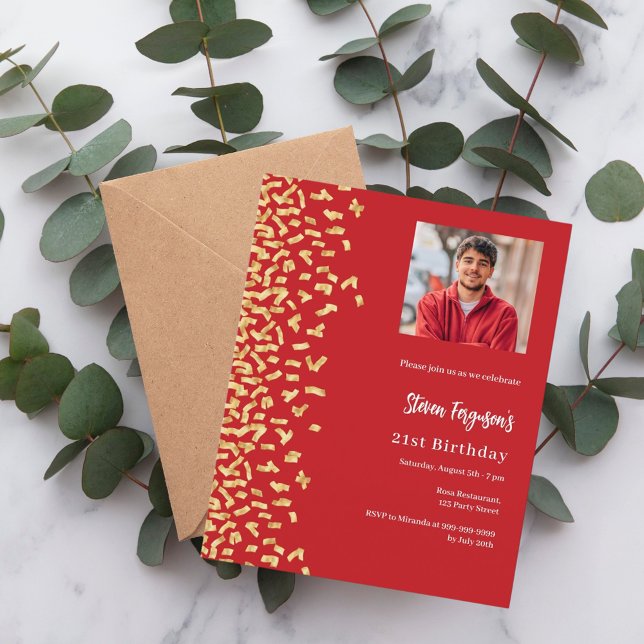 Birthday red gold photo invitation (Creator Uploaded)
