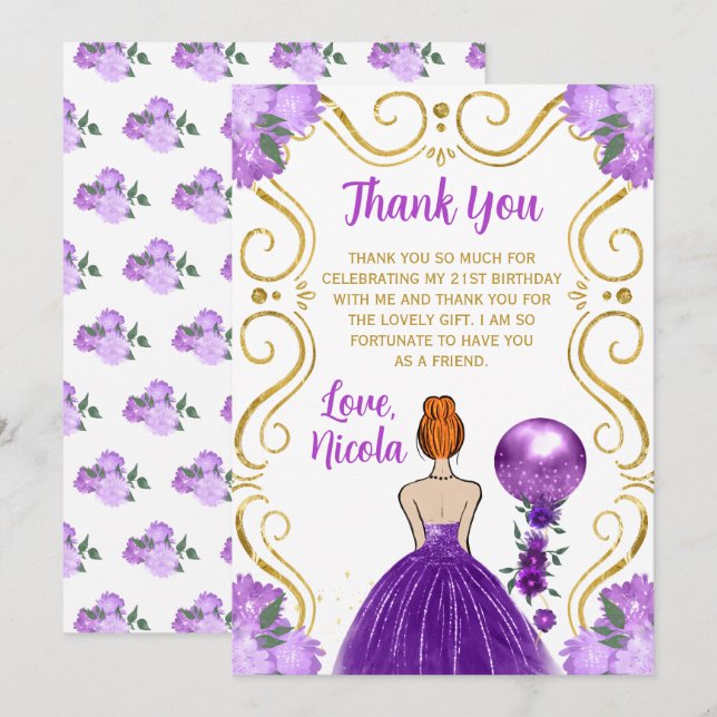 Birthday Red Hair Princess Purple Happy Birthday Thank You Card (Front/Back)