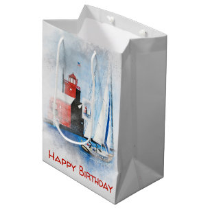 Birthday Red Michigan Lighthouse with Sailboat Medium Gift Bag