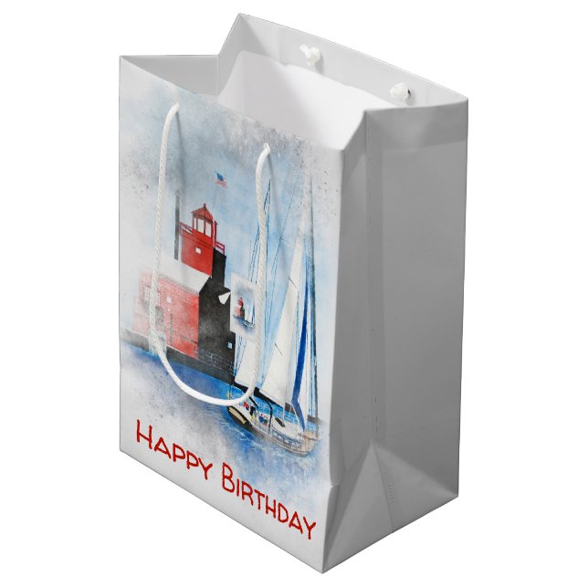 Birthday Red Michigan Lighthouse with Sailboat Medium Gift Bag (Front Angled)