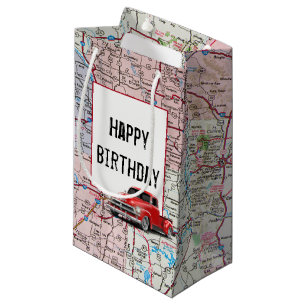 Birthday Red Retro Truck on Map Small Gift Bag