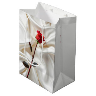 Birthday Red Rose On White Satin Medium Gift Bag