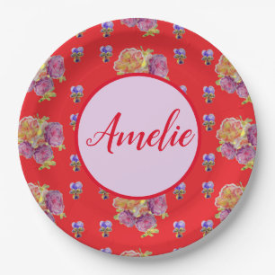 Birthday Red Rose Roses Vintage Flower Floral Paper Plate