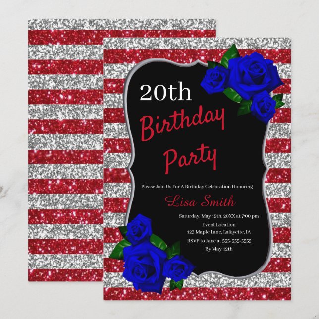 Birthday Red Silver Stripes Glitter Deep Blue Rose Invitation (Front/Back)