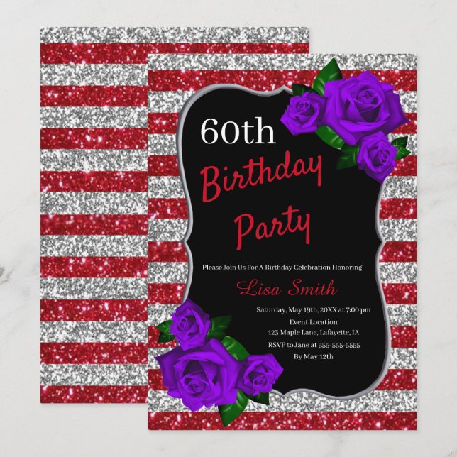 Birthday Red Silver Stripes Glitter Purple Roses Invitation (Front/Back)