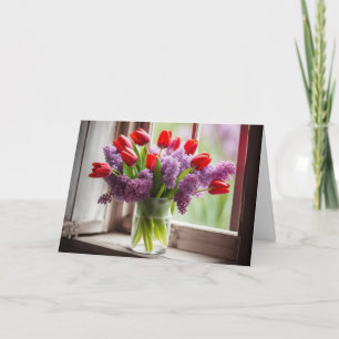 Birthday Red Tulip and Lilac Bouquet Card