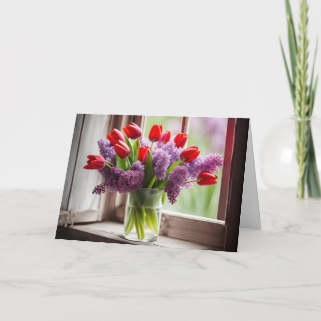 Birthday Red Tulips and Lilac Bouquet Note Card (Front)