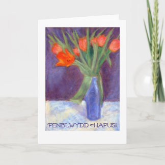 Birthday Red Tulips Card - Welsh Greeting