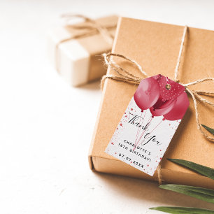 Birthday red white glitter balloons thank you gift tags