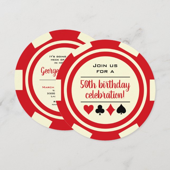 Birthday Red White Poker Chip Casino Las Vegas Invitation (Front/Back)