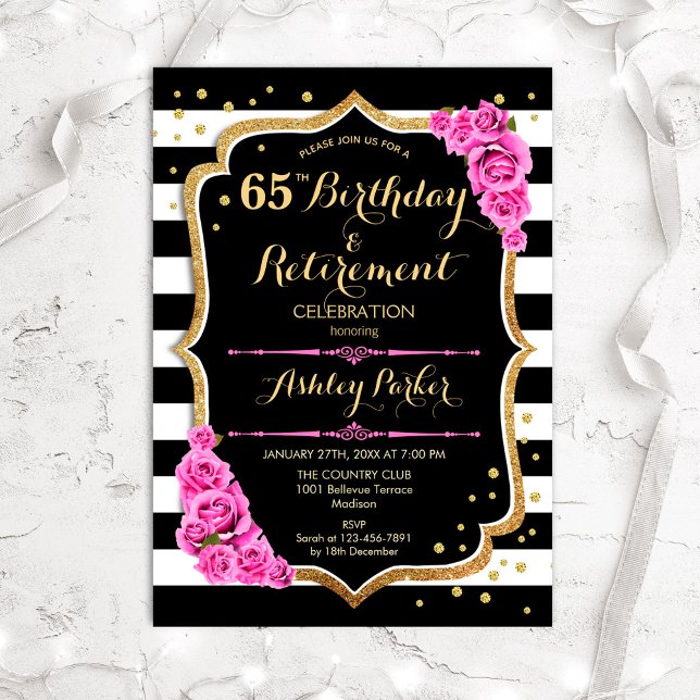 Birthday & Retirement Party - Black Pink Gold Invitation (Creator Uploaded)