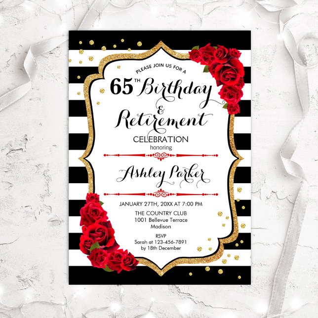 Birthday & Retirement Party - Black White Red Gold Invitation (Creator Uploaded)