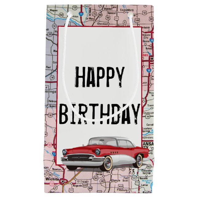 Birthday Retro Buick On Map Small Gift Bag (Front)