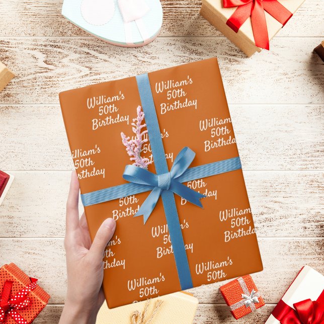 Birthday retro orange name wrapping paper (Creator Uploaded)