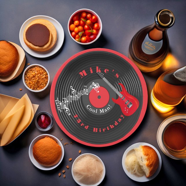 Birthday Retro Vinyl Record Rock Music Red Guitar Paper Plate (Creator Uploaded)
