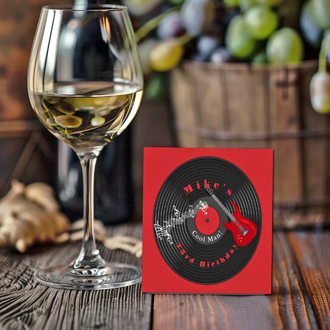 Birthday Retro Vinyl Record Rock Music Red Guitar Square Paper Coaster (Creator Uploaded)