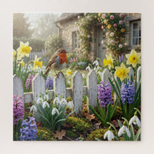 Birthday Robin On a Garden Picket Fence Jigsaw Puzzle