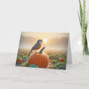 Birthday Robin Singing On a Pumpkin Card