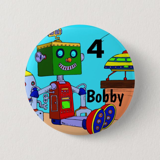 Birthday Robot Button Pin Custom AGE NAME (Front)