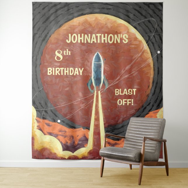 Birthday Rocket Space Fun Photo Booth Backdrop Tapestry (In Situ)