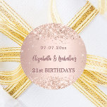 Birthday rose gold 2 persons two names classic round sticker<br><div class="desc">Celebrating 2 persons,  a 21st (or any age) birthday party.  A rose gold background with confetti. Personalise and add a date,  names and age. The text: The names are written in dark rose gold with a modern hand lettered style script.</div>