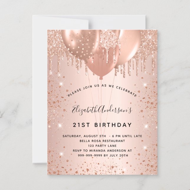 Birthday rose gold balloons magnet invitation (Front)