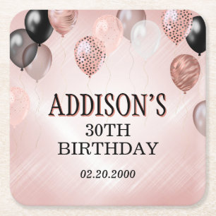 Birthday Rose Gold Balloons Square Paper Coaster