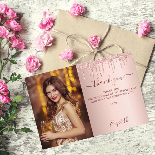 Birthday rose gold blush drips photo thank you card (Creator Uploaded)