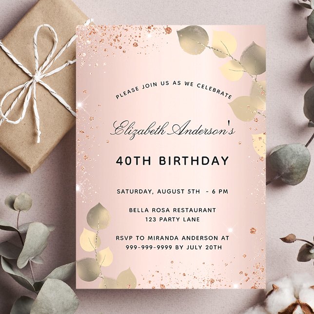 Birthday rose gold blush eucalyptus golden invitation postcard (Creator Uploaded)