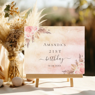 Birthday rose gold blush floral pampas grass guest book