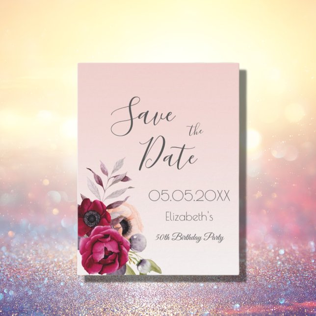 Birthday rose gold blush floral Save the Date Postcard (Creator Uploaded)