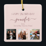 Birthday rose gold blush friend photo ceramic ornament<br><div class="desc">A gift from friends for a woman's 21st birthday, celebrating her life with 3 of your photos of her, her friends, family, interest or pets. Personalise and add her name, age 21 and your names. Dark rose gold coloured letters. Girly and trendy rose gold, blush pink background colour. Her name...</div>