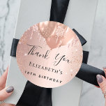 Birthday rose gold blush glitter balloon Thank You Classic Round Sticker<br><div class="desc">A sticker for a girly and glamourous 18th (or any age) birthday party.  A blush,  rose gold coloured background with faux glitter dust and balloons. The text: Thank You is written with a large modern hand lettered style script. Personalise and add a name.</div>