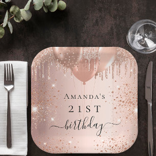Birthday rose gold blush glitter balloons name paper plate