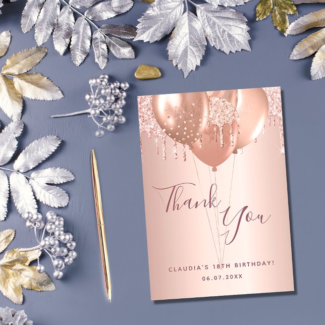 Birthday rose gold blush glitter drips balloons thank you card (Creator Uploaded)