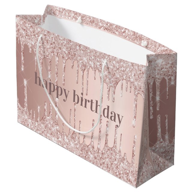 Birthday rose gold blush glitter drips large gift bag (Back Angled)