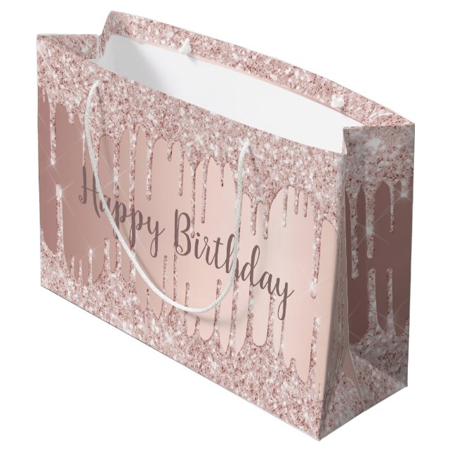 Birthday rose gold blush glitter drips large gift bag (Back Angled)