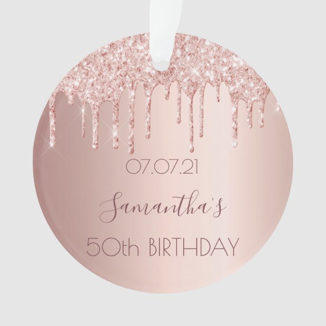 Birthday rose gold blush glitter drips ornament (Front)