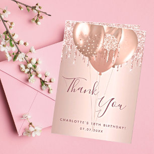 Birthday rose gold blush glitter drips photo thank you card