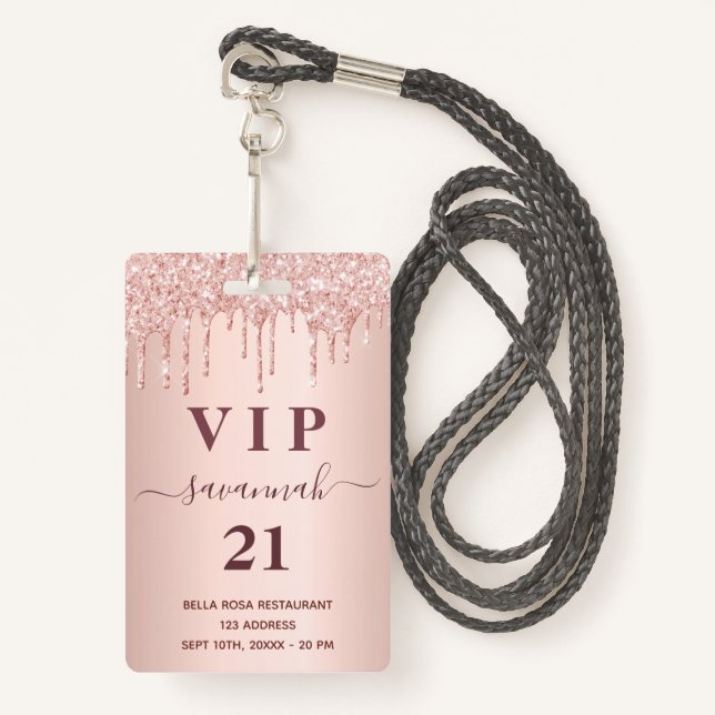 Birthday rose gold blush glitter drips vip ID badge (Front with Lanyard)