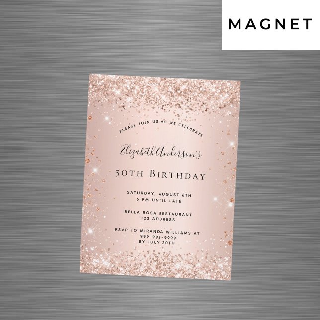 Birthday rose gold blush glitter magnet invitation (Creator Uploaded)