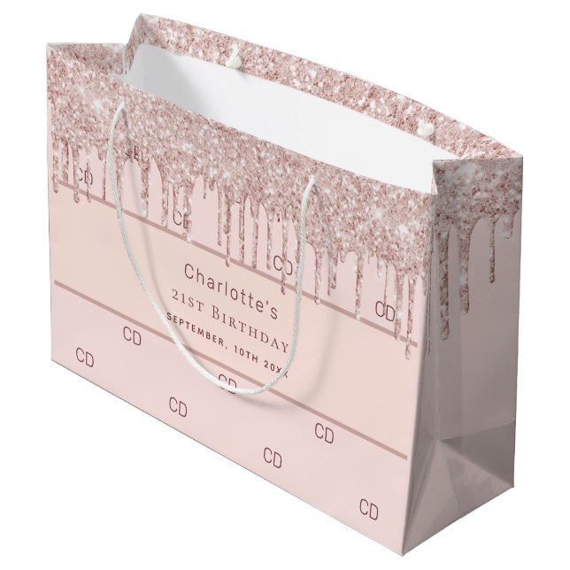 Birthday rose gold blush glitter monogram initials large gift bag (Back Angled)