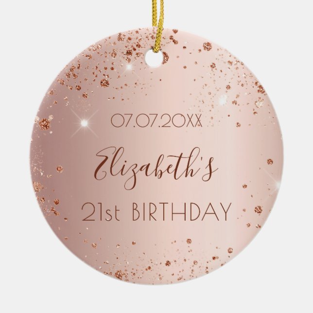 Birthday rose gold blush glitter name ceramic tree decoration (Front)