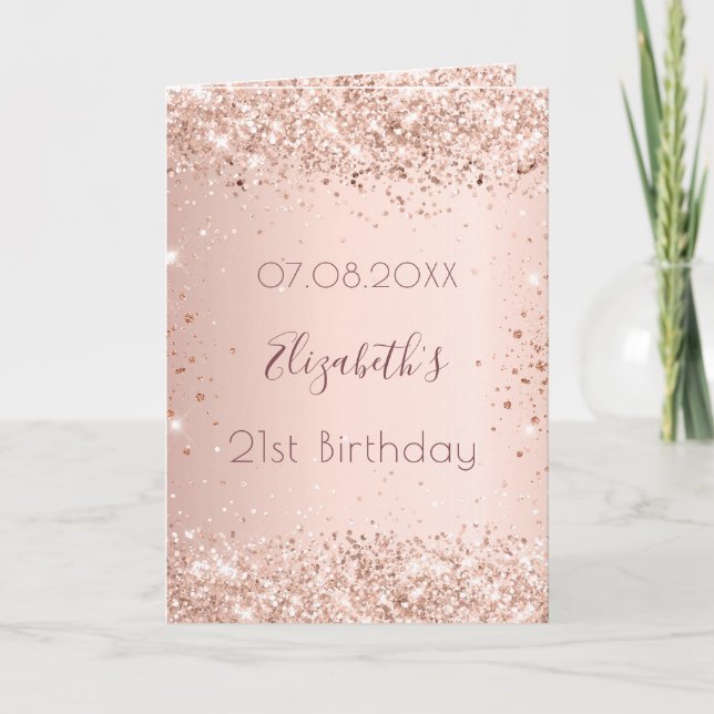 Birthday rose gold blush glitter photo name card (Front)