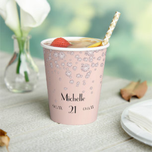 Birthday rose gold blush name diamonds paper cups