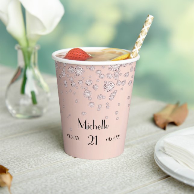 Birthday rose gold blush name diamonds paper cups (Insitu)
