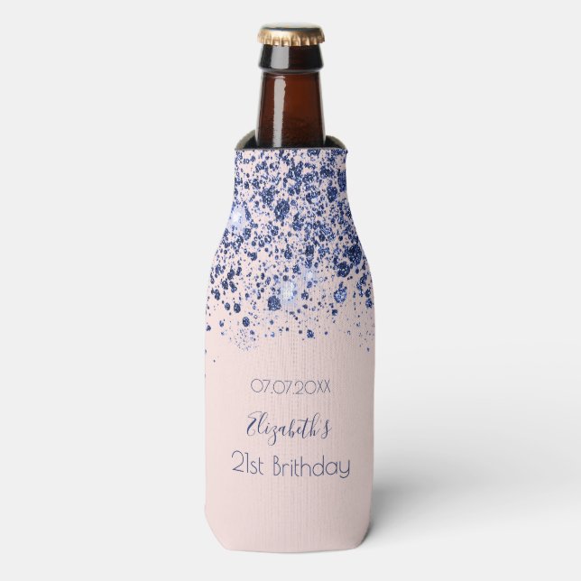 Birthday rose gold blush navy blue glitter name bottle cooler (Bottle Front)