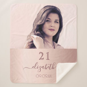 Birthday rose gold blush photo name sherpa blanket