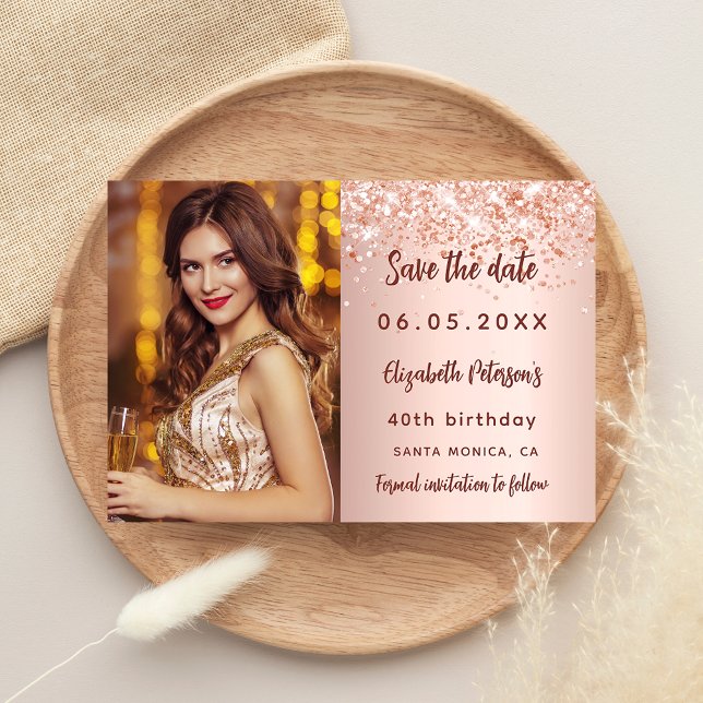 Birthday rose gold blush photo save the date card (Creator Uploaded)